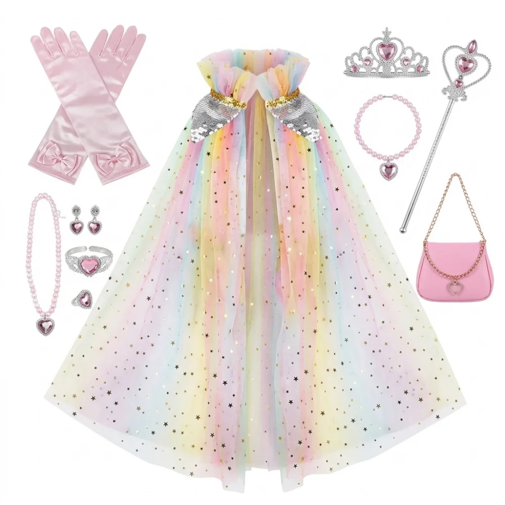Elegant Sequin Princess Cloak Set Summer Birthday Party Fluffy A Line Queen Cape With Crown Handbag Cute Cosplay Outfit