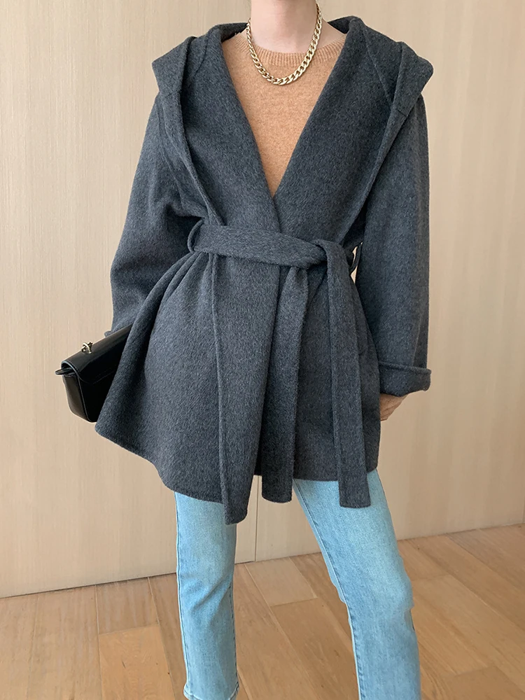 Beige Belted Big Size Warm Woolen Coat New Hooded Long Sleeve Women Jacket Fashion Tide Autumn Winter