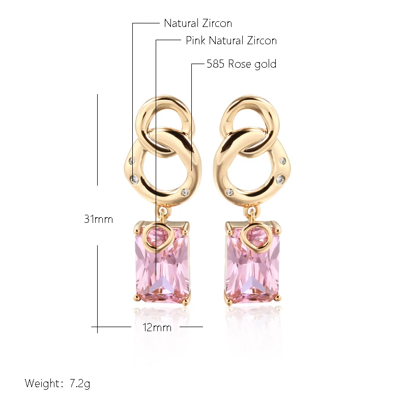 Kinel Luxury Square Pink Natural Zircon Dangle Earrings For Women 585 Rose Gold Color Long Bride Earring Fine Wedding Jewelry