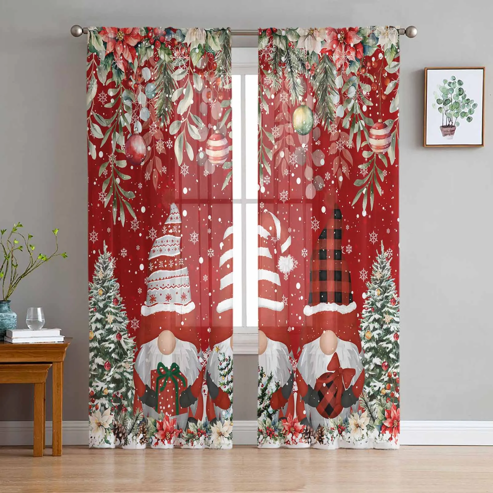 Bola de Navidad enano Poinsettia árbol de Navidad cortinas transparentes rojas hogar sala de estar cocina ventana decoración gasa cortinas de tul