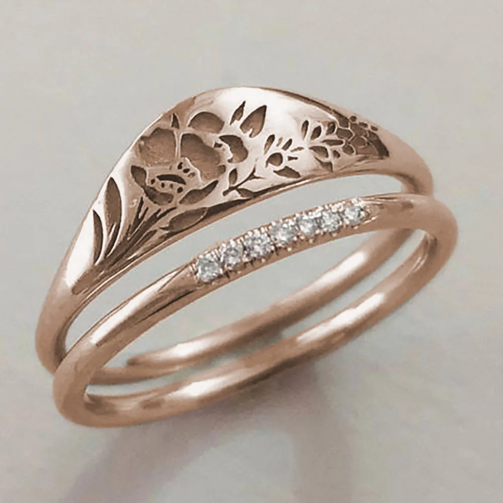 

European American Fashion Stainless Steel Retro Hollow pattern Ring For Women with white Diamond Light Luxury Jewelry Size 5-11