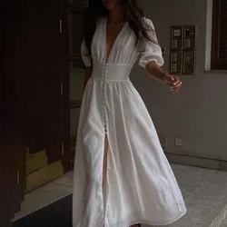 Women Solid Cotton Linen Dress Summer Vintage Elegant Short Sleeve V-Neck Button Maxi Dress for Women Harajuku Loose Long Dress