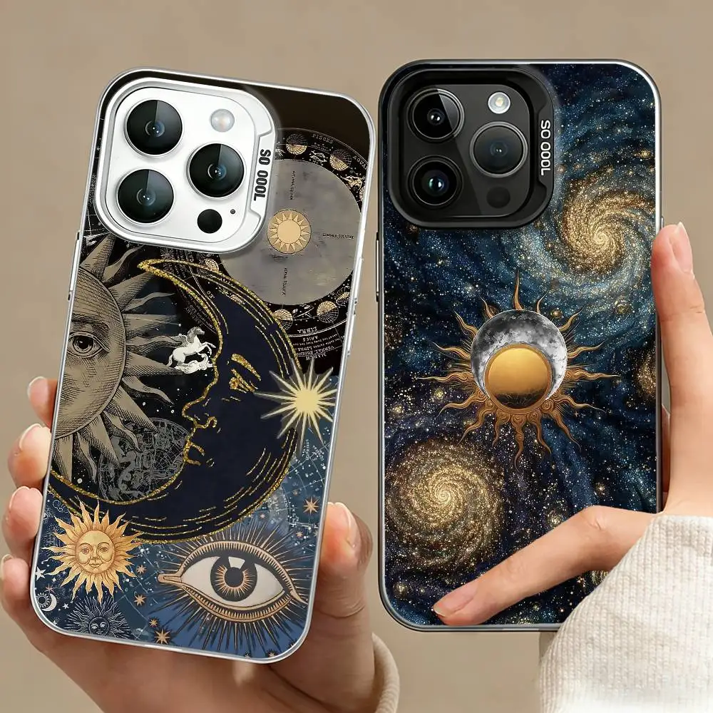 Celestial S-Sun M-Moon Phone Case For iPhone 17,16,15,14,13,12,11 Plus,Pro Max,XS,Colored silver phone case