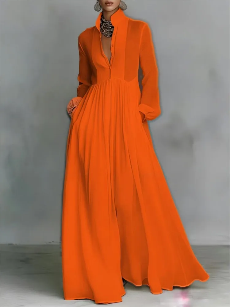 New Elegant High Waist Swing Long Dress Woman Spring Solid Pockets Pleated Maxi Dress Autumn Long Sleeve Button Evening Dress - Image 6