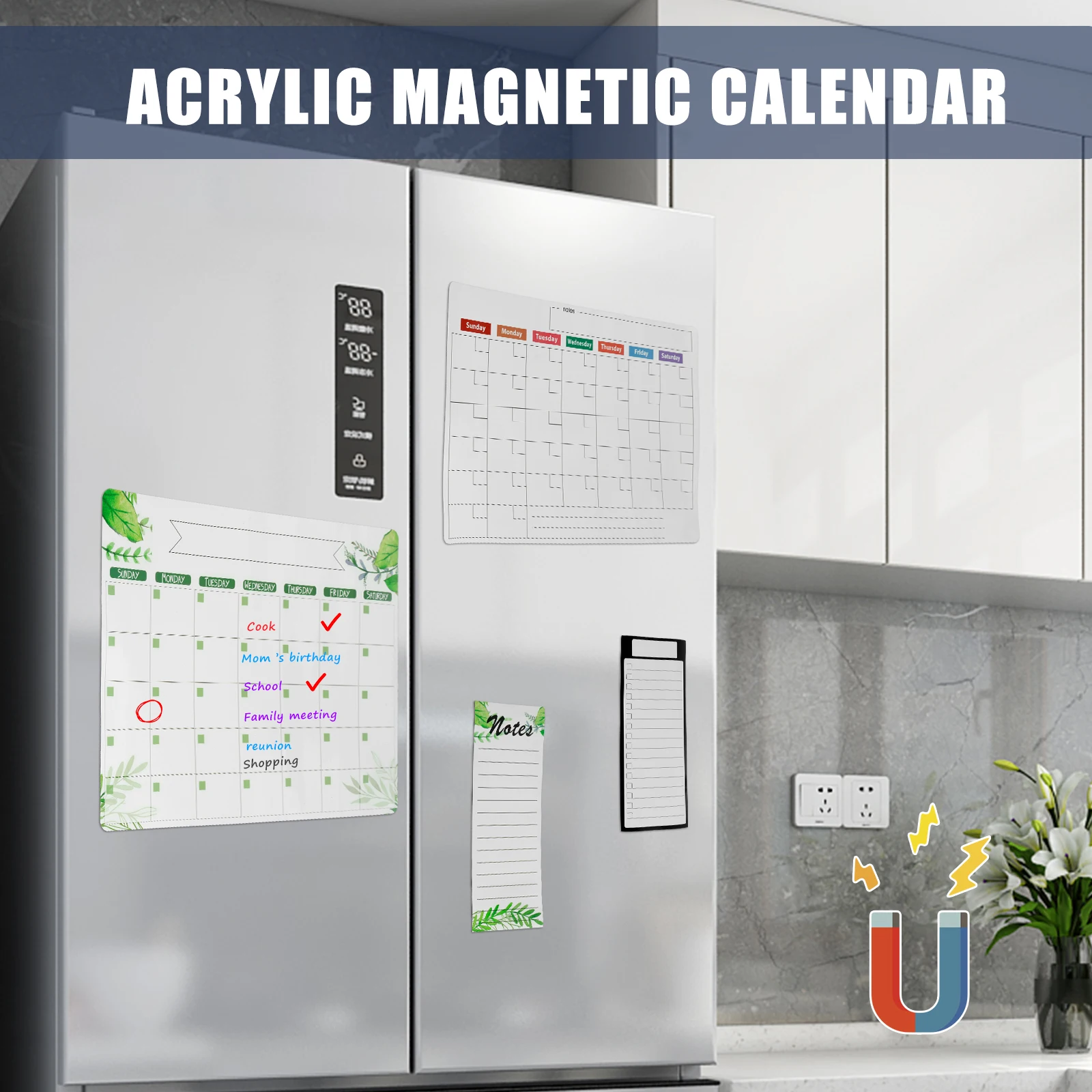 2Pcs Fridge Magnetic Calendar Reusable Magnetic Planning White Board Magnetic Meal Planner with 5 Markers Eraser Pen Holder