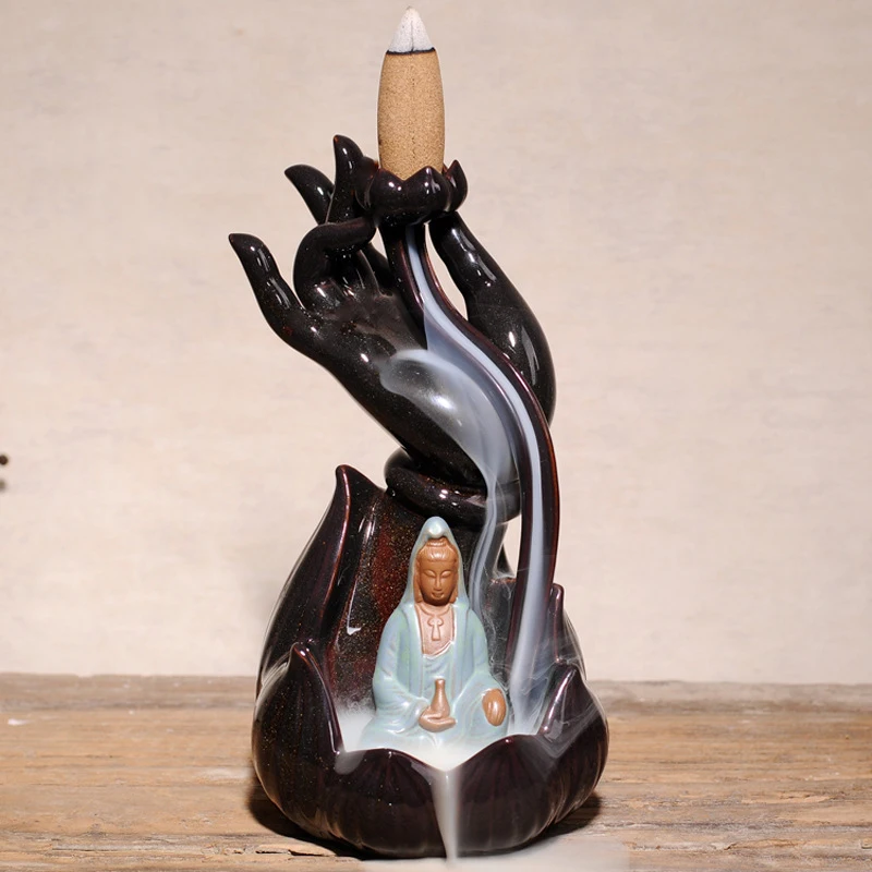 Backflow Incense Burner Ornament For Indoor Use, Featuring Buddha, Guanyin, Sandalwood Designs, Made Of Ceramic And Agarwood