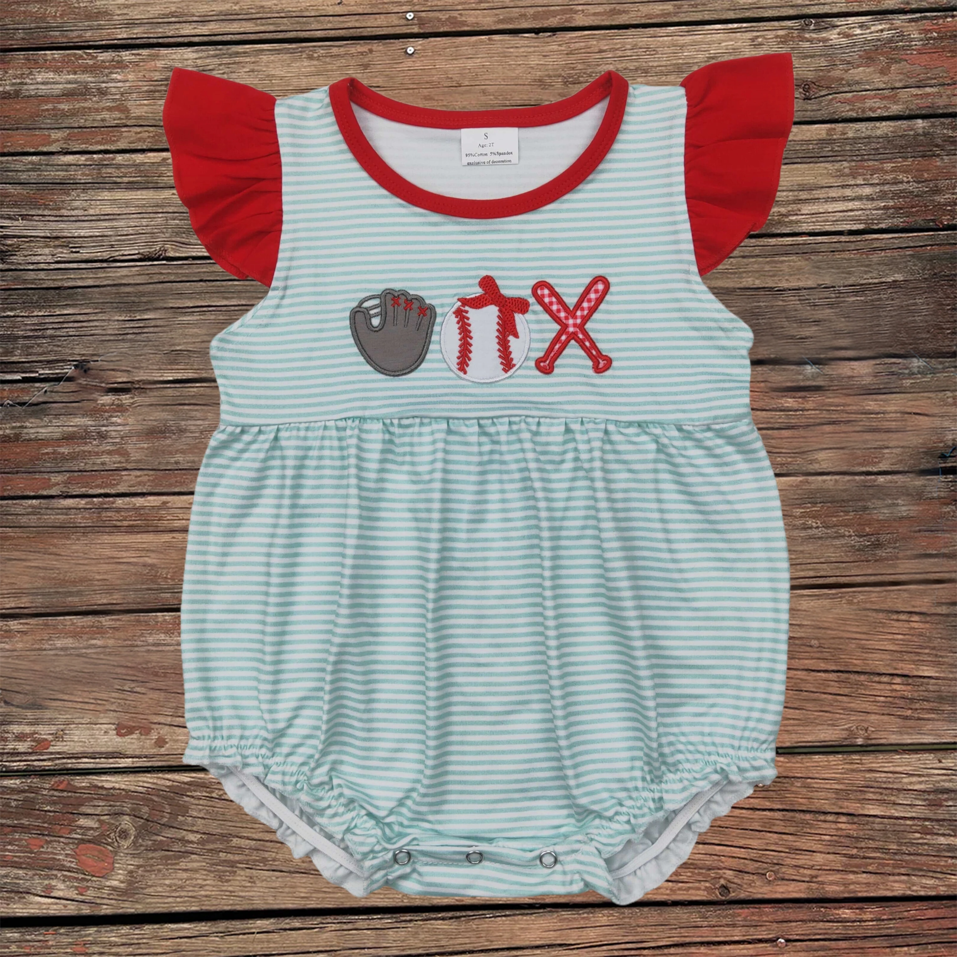 Wholesale Summer Newborn Embroidery Baby Girl Baseball Stripes Flutter Sleeve Bubble Romper Kids Toddler Gloves Onesies Clothing