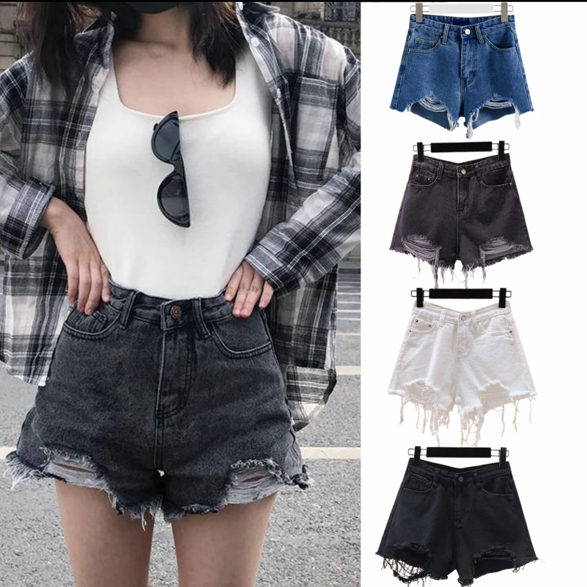 

Summer White Denim Shorts American Retro High-Waisted Black Jean Shorts Korean Blue Denim Ultra-Short Shorts Street Hot Pants