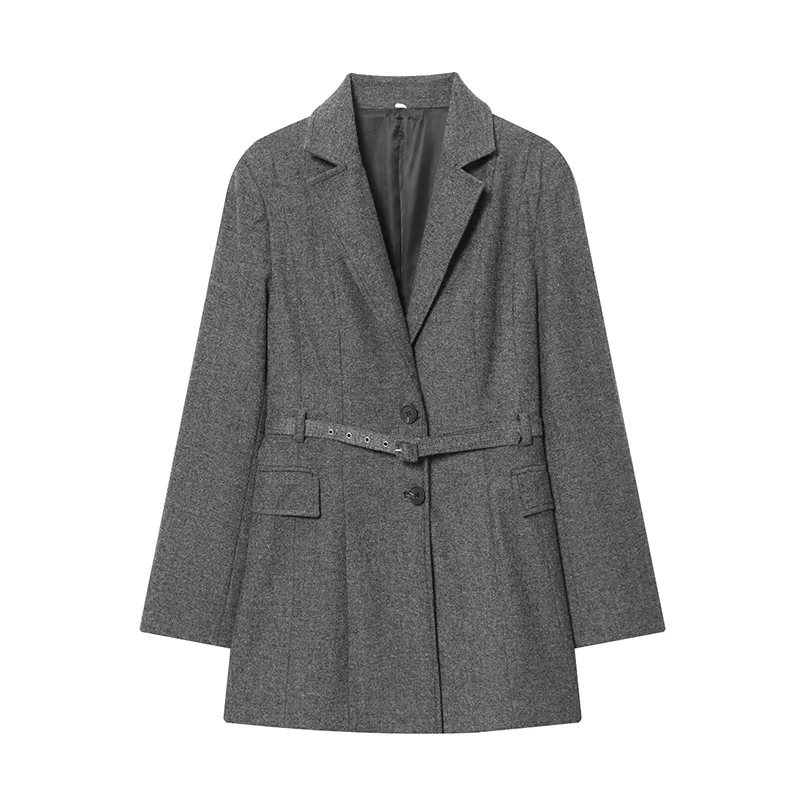 

2025 Fall/Winter New Women's Fashion, Elegant Grey Tweed Blazer with Belted Waist.