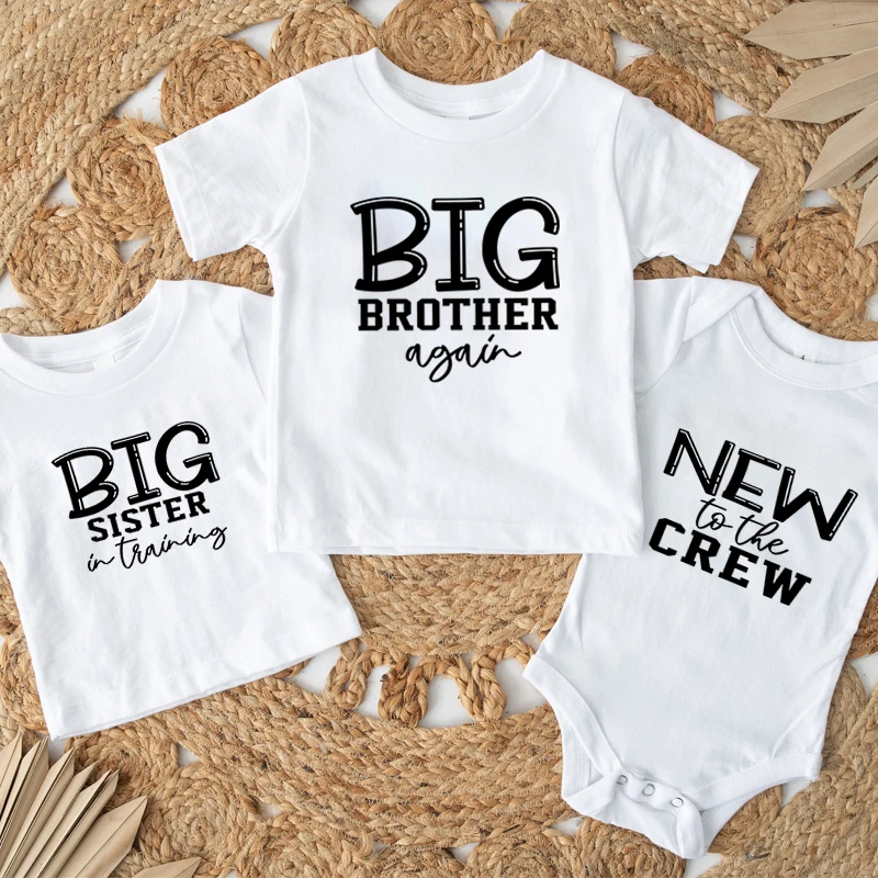 Family Siblings Matching Clothes Big Brother Again Big Sister Again New To Be Crew Print Kids T-shirts Newborn Cotton Bodysuits