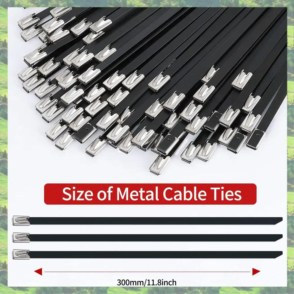 

A59Z-Metal Zip Ties Black 500Pcs 11.8 Inch 304 Stainless Steel Epoxy Coated Cable Tie For Machinery, Vehicles, Farms, Cables
