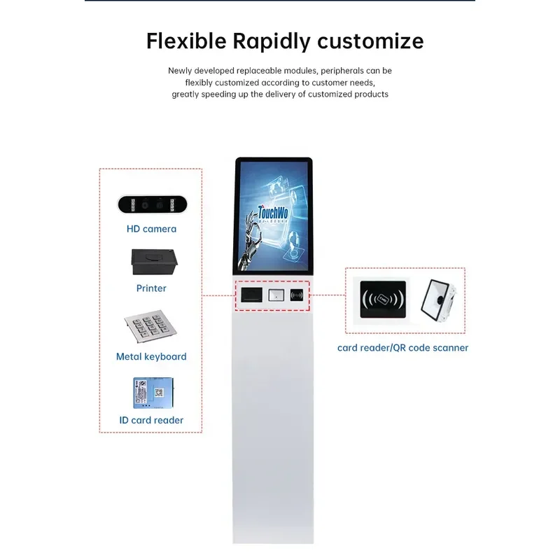 21.5 27 Inch Self Service Information Inquiring Machine Floor Stand Printing Kiosks with Scanner Printer Card Reader 6