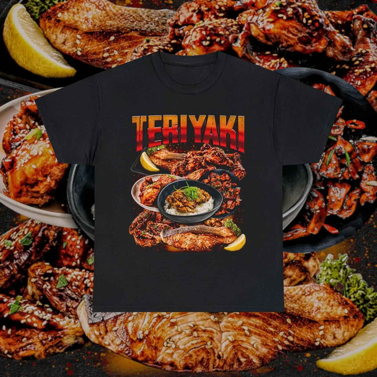 Vintage Teriyaki Food T-Shirt Retro 90er Jahre Bootleg Beef Salmon Chicken Casual für Vintage Washed Homme Fashion Streetwear Grafik