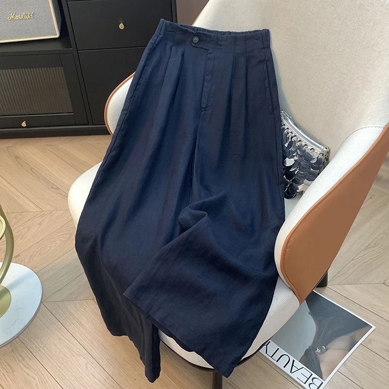 กางเกงขายาวผ้าลินินทรงตรงเอวสูงสำหรับผู้หญิง ป้องกันแสงแดด มีซิปและกระดุมเดี่ยว ทรงขาบาน