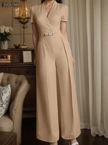 Imagen 2 del producto ZANZEA moda urbana monos de cintura alta ropa de trabajo para mujer peleles con cinturón sólido cuello en V profundo elegante monos largos de oficina para mujer