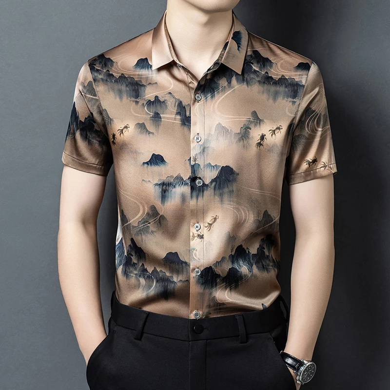 Silk 92.5%,Elastane 7.5% Print Shirts For Men Short Sleeve Satin Summer Quality Skin-Friendly Softness Premium Camisas De Hombre
