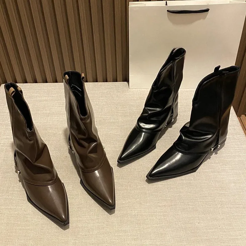 Solid Color Chelsea Boots For Women Mid Heel Pointed Toe Black Knight Boots Cool Female Shoes All-matching Designer Brand Shoes