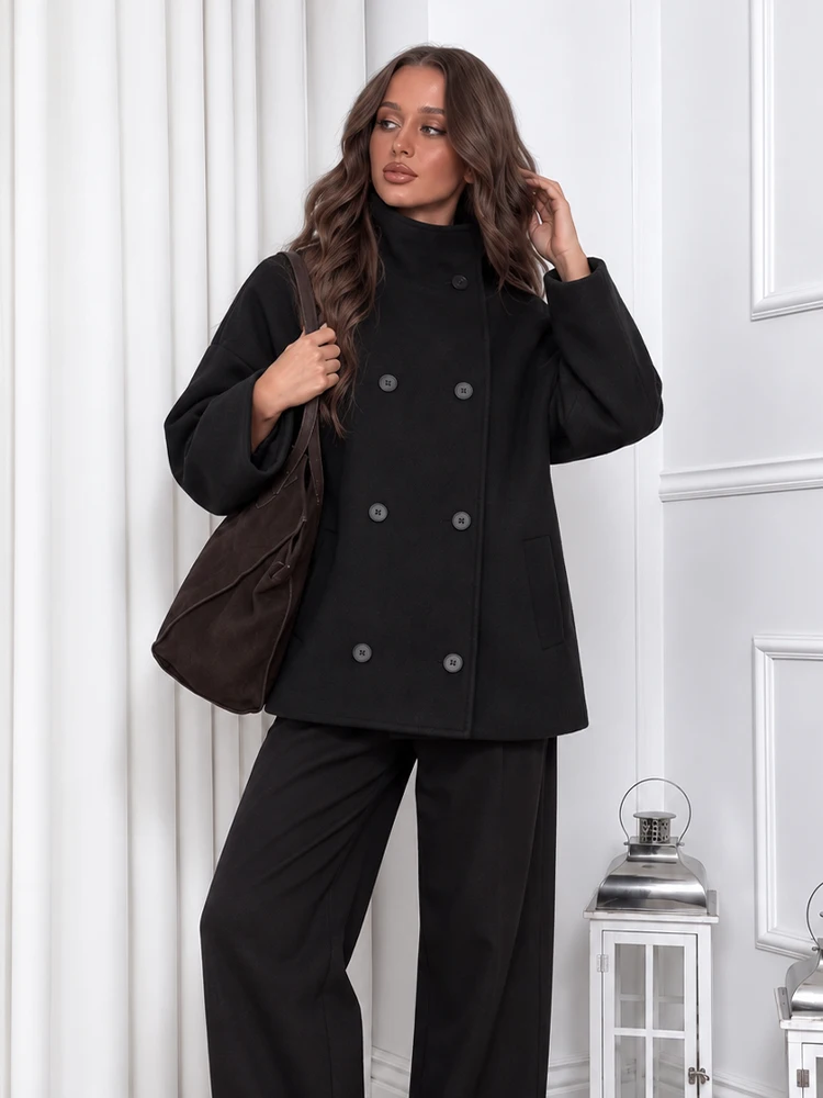 HH Women Fashion Black Wool Coat Retro Double Breasted Simple Versatile Stand Collar Jacket Warm Autumn Winter Street Outerwear