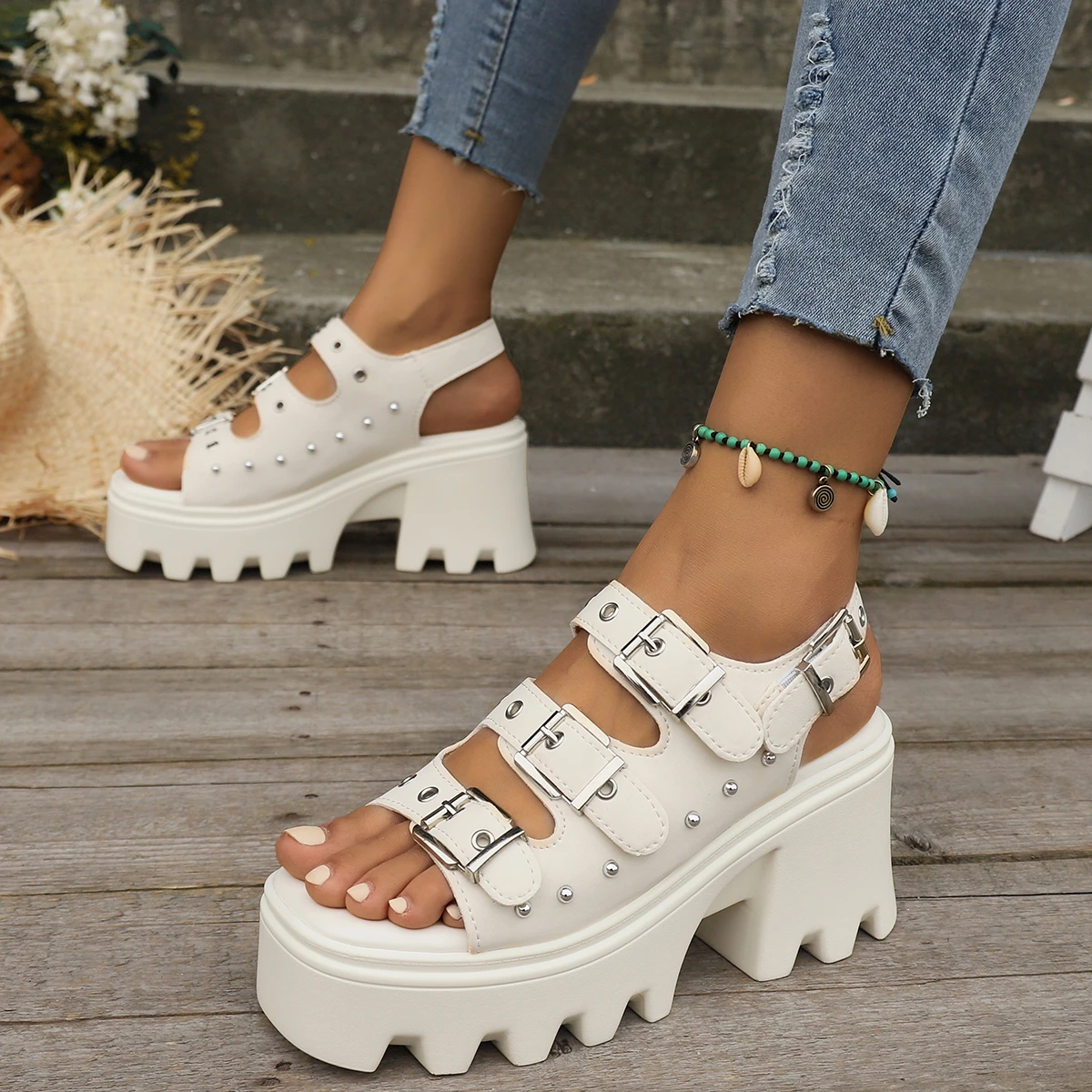 Large Size Women High Heeled Sandals Summer Punk Height Increasing Sandal Motorcycle Gothic Woman Shoes Khaki Platform Sandals