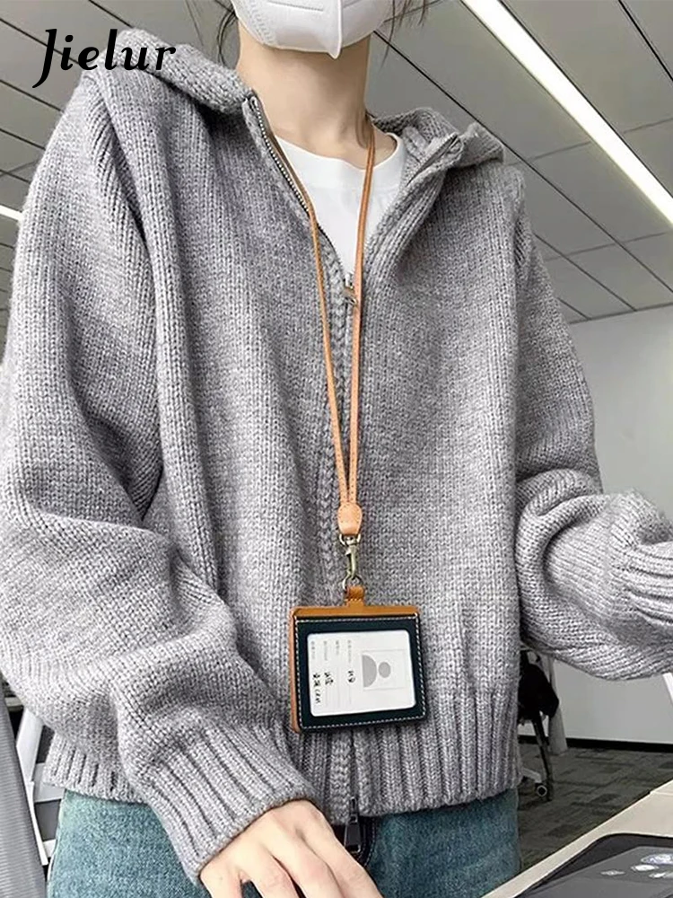 Jielur Light Grey Hooded Zipper Women\'s Cardigan Winter Office Ladies Casual Vintage Loose Knitting Solid Color Female Sweater