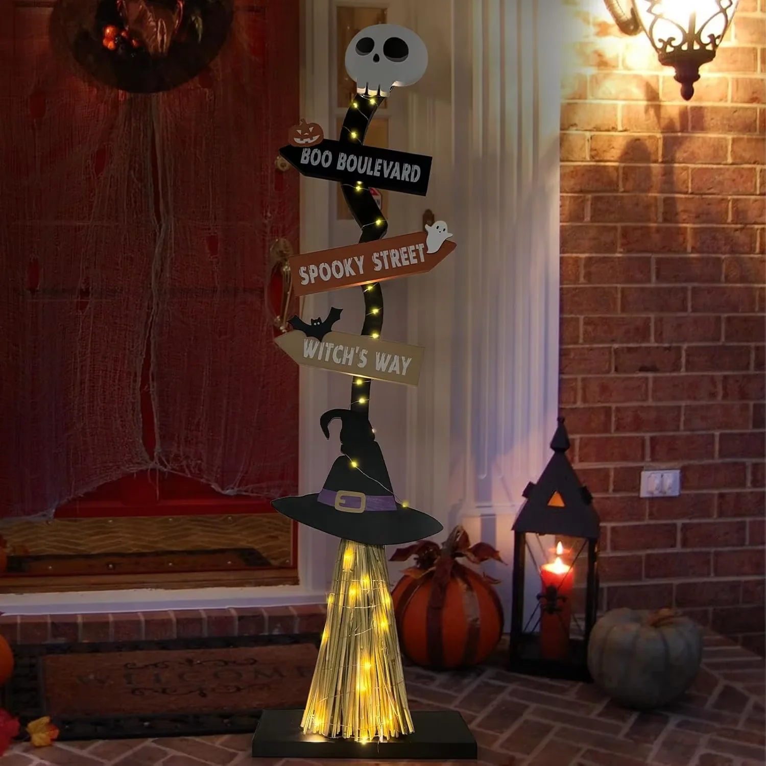 Lighted Halloween Wooden Witch Broom for Indoor Outdoor Porch Yard Decor Spooky Light up Halloween Witch Decorations Sign