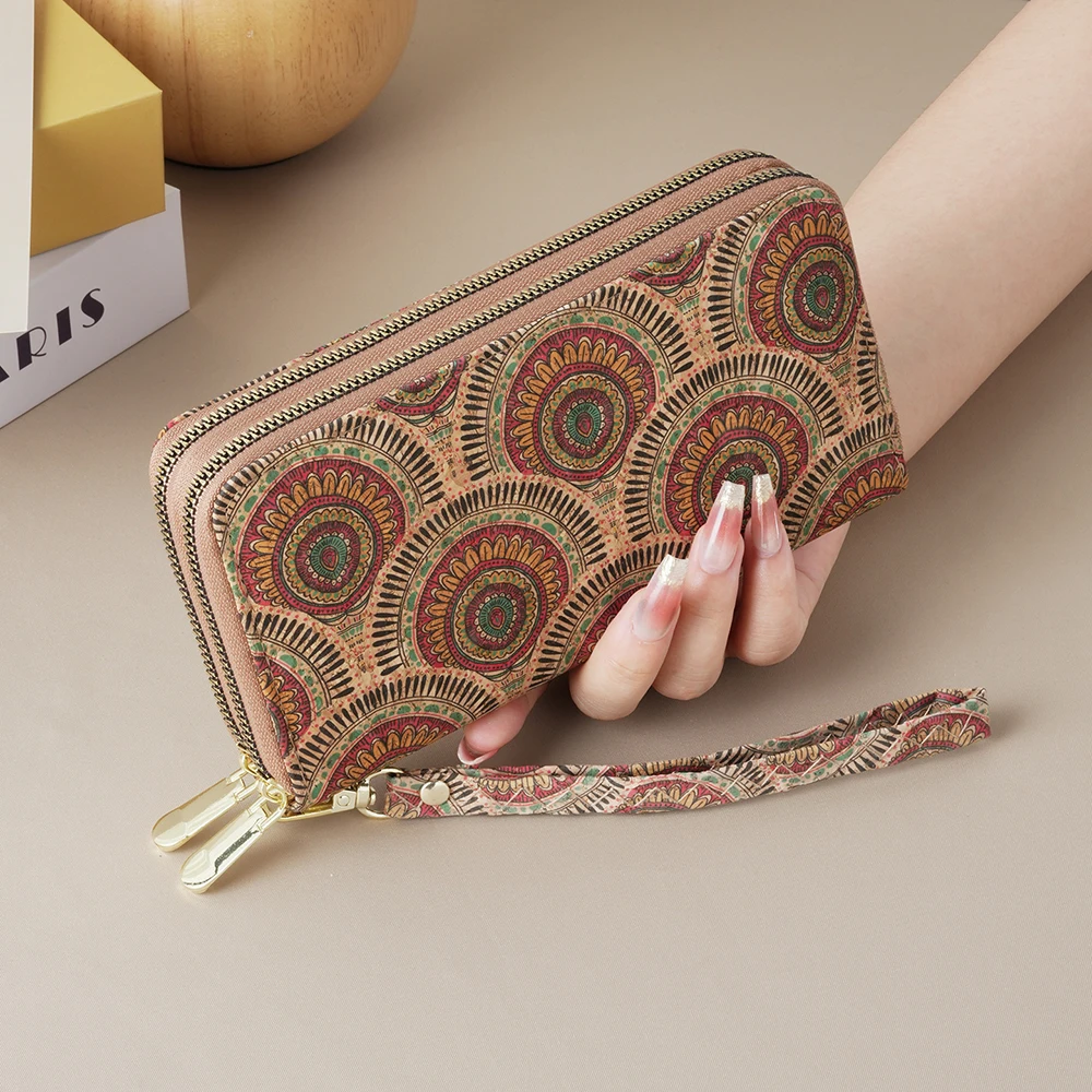 6pcs Wallet For Women Cork Leather Flower Leaf National Printing Multifunctional Double Zipper Phone Long Card Holder