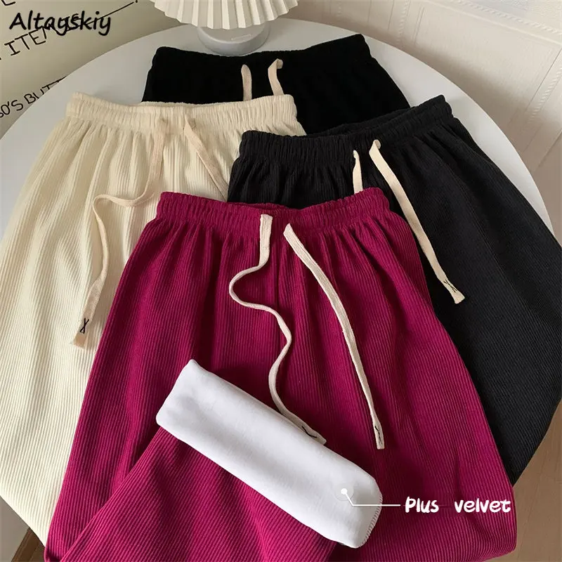 

Velvet 4 Colors Pants Women Thick Winter Clothes Loose Wide Leg Drawstring Full Length Harajuku Korean Fashion Брюки Женские New