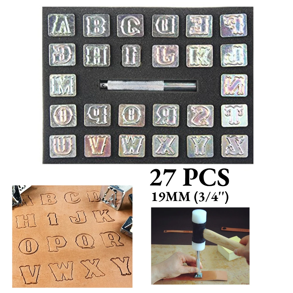 3/4 Inch (19mm) 27 PCS Professional Leather Alphabet Stamp Tool Set Leather Embossing Tool DIY Crafts Metal Stamping