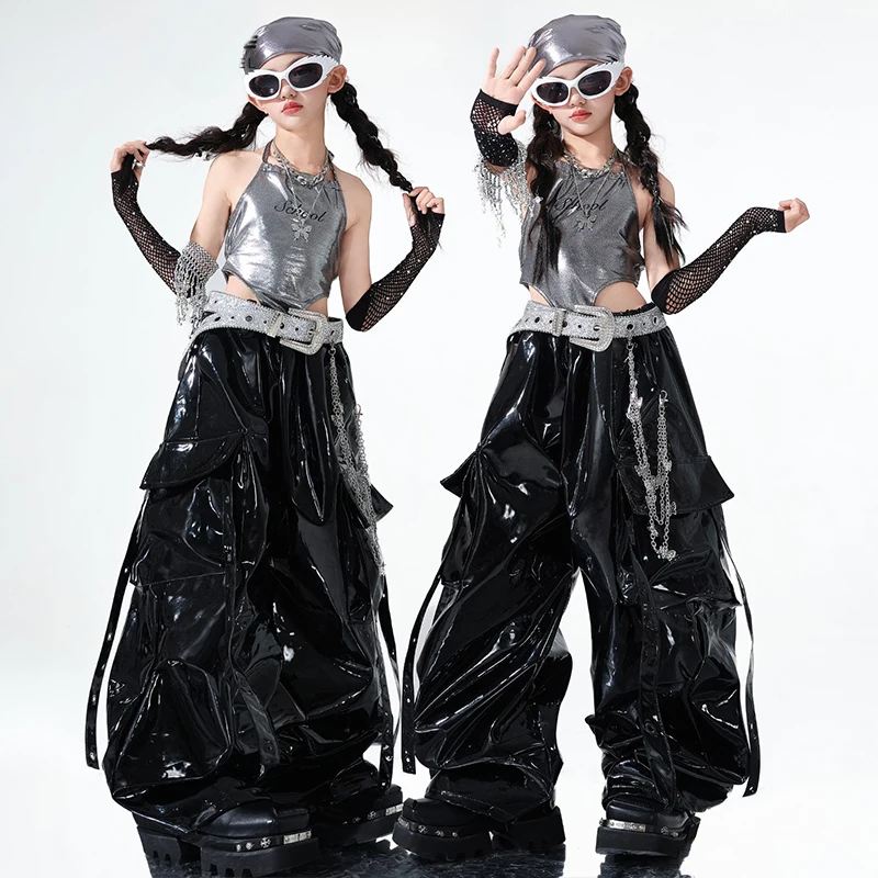 Jazz Dance Clothing Girls Stage Costume Kpop Performnace Outfit Silver Top Black Shuffle Pants Catwalk Show Trendy Suit AMY2291