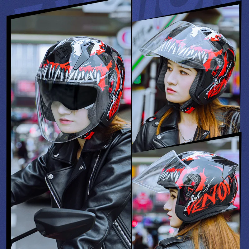 Electric Motorcycle Helmet Female 3C Certified Safety Helmet Double Lens Locomotive Pedal 3/4 Half Helmet Four Seasons Universal