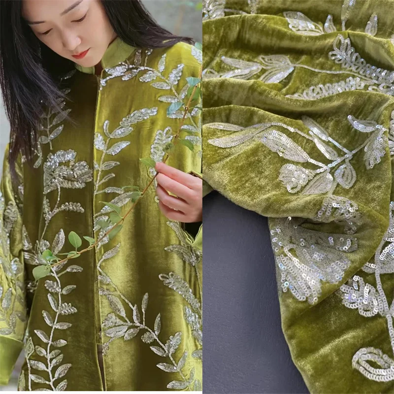 

Qiuxiang зеленая новая шелковая бархатная ткань с вышивкой, новый китайский стиль, куртка в национальном стиле, жилет, платье, шелковая бархатная ткань