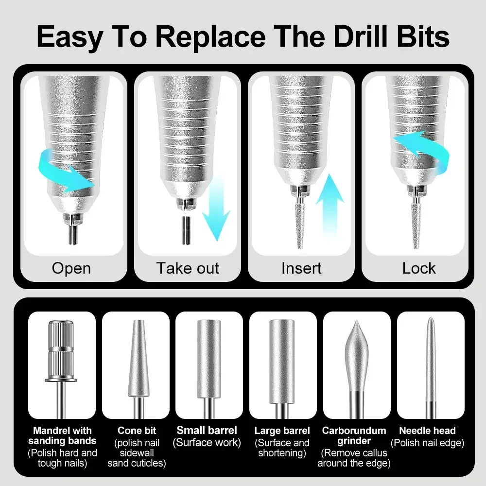 Perceuse à ongles électrique professionnelle, 35000 tr/min, Rechargeable, manucure, faible bruit, ponceuse à moteur