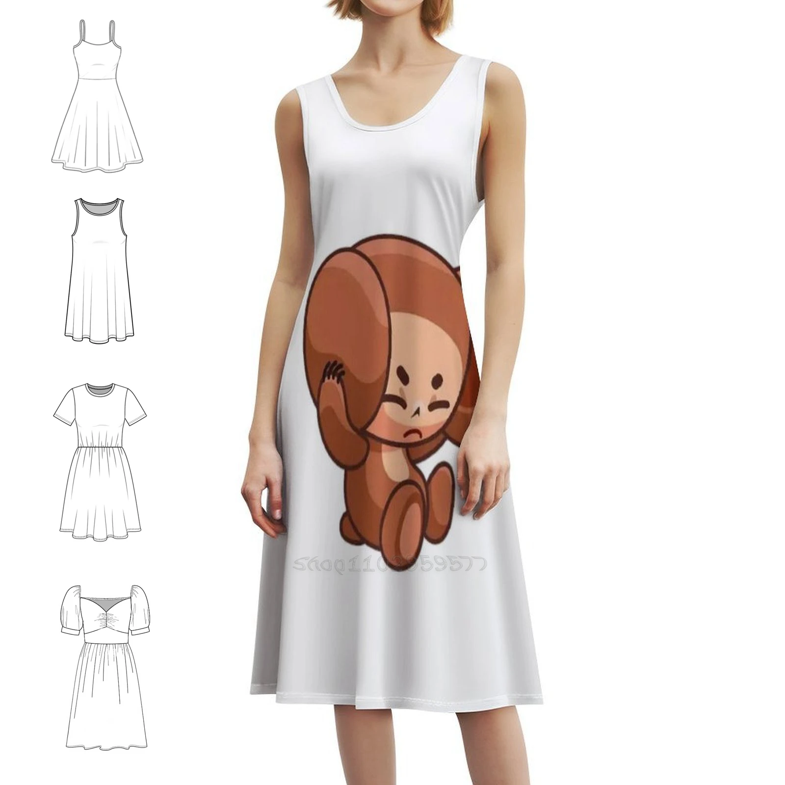 

Cheburashka Women's Streetwear Party Dress Trendy Print Club Clothing For Female Topple Russian Cartoon Чебурашка Women's Dress