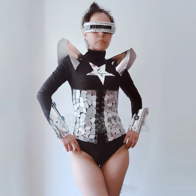 Vrouwen Groep Jazzdans Outfit Goud Zilver Spiegels Vliegende Schouder Body Bar DJ DS Gogo Suits Pole Dance Club Wear