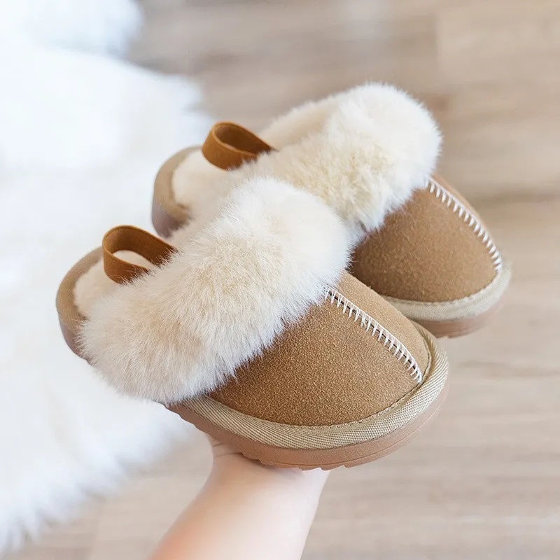 Kind Casual Brittannië Stijl Klassieke Slippers Voor Jongens Effen Kleur Naaien Pluche Warm Winter Kids Fashion Meisjes Katoenen Schoenen Nieuwe