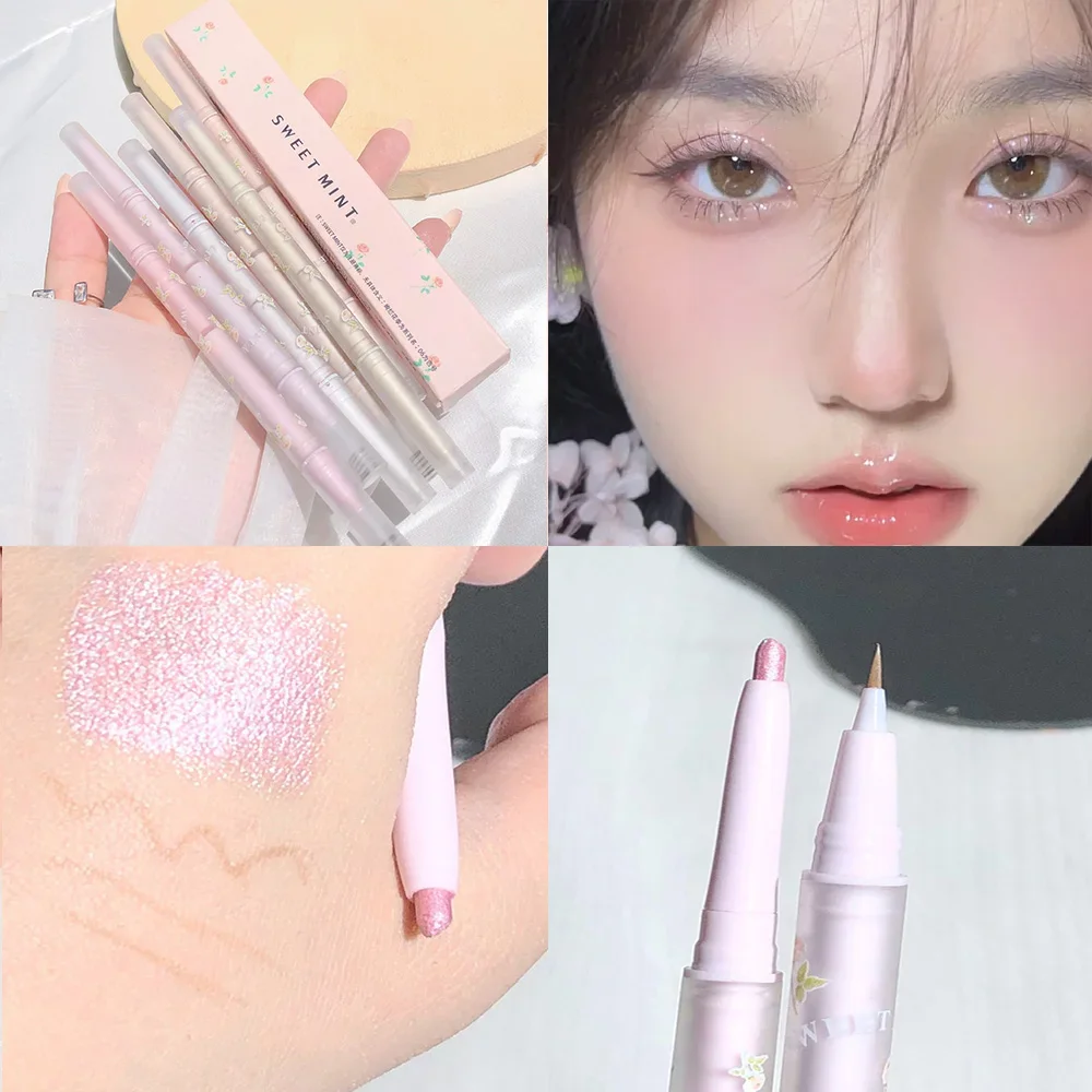 Double Headed Silkworm Pen Glitter Eyeshadow Stick Eyeliner Pen Matte High-gloss White Silver Eye Liner Pen Makeup Brighten Tool