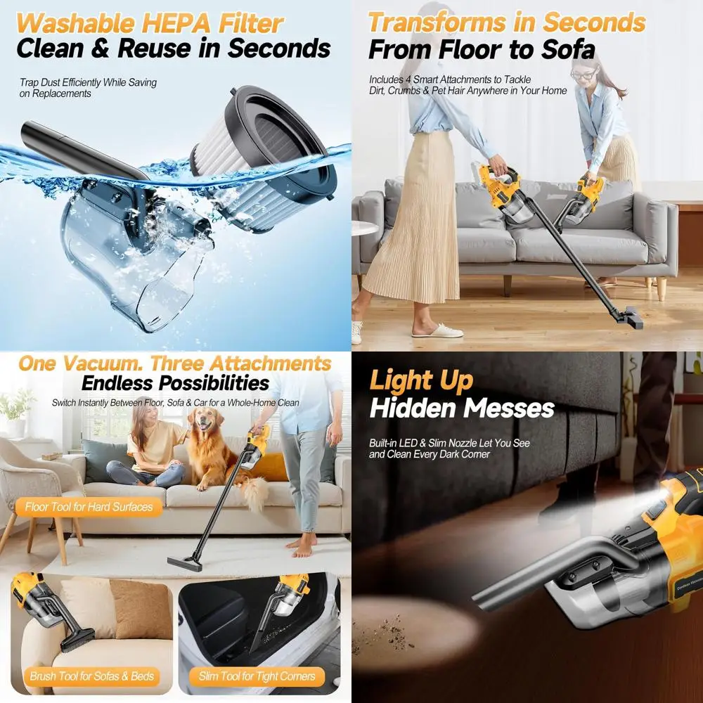 

20V Battery-Powered Handheld Vacuum, 16000Pa Suction, HEPA Filters, 4 Nozzles, Lightweight for Car, Home, Garage