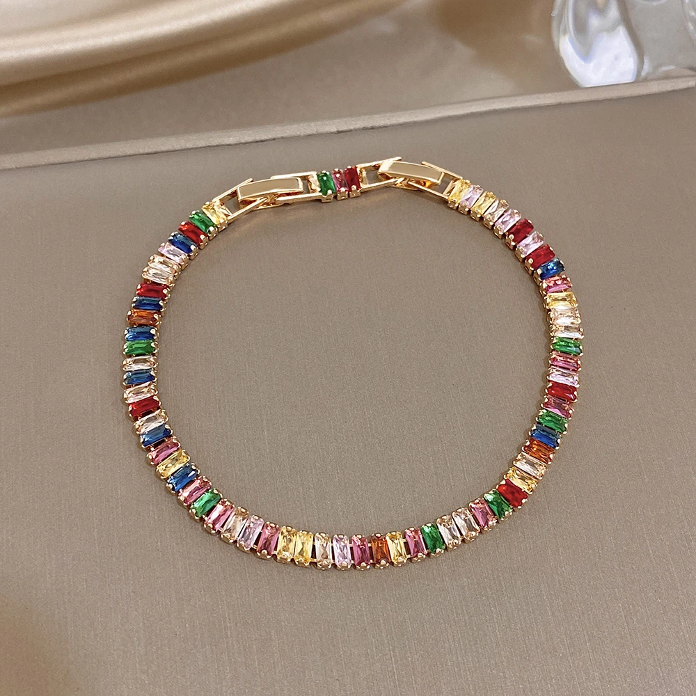 Pulseras Delicadas de Circonio Arcoíris de Lujo para Mujer, Brazalete Geométrico de Cobre Chapado en Oro de 18K, Joyería para Fiestas, Regalos