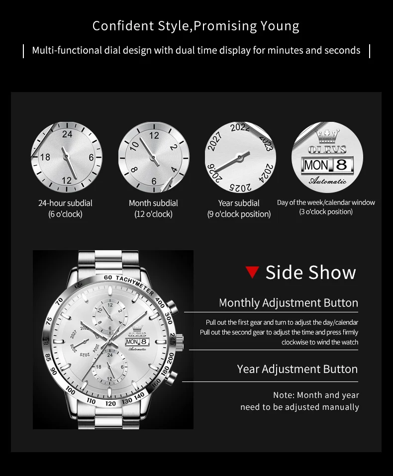 OLEVS 6683 Luxury Man Watch Original Chronograph Waterproof Dual Calendar Stainless Steel Men\'s Automatic Mechanical Wristwatch