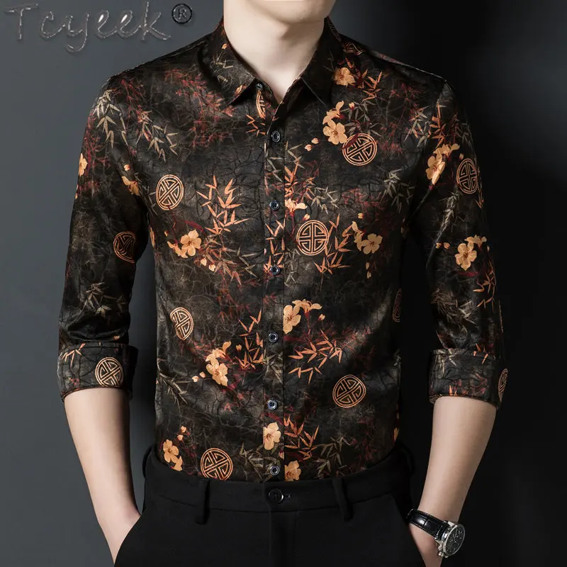 

Tcyeek Long Sleeve Tops Business Casual Mulberrey Silk Shirt High Quality Printing Shirts for Men Clothing Camisas De Hombre Zm