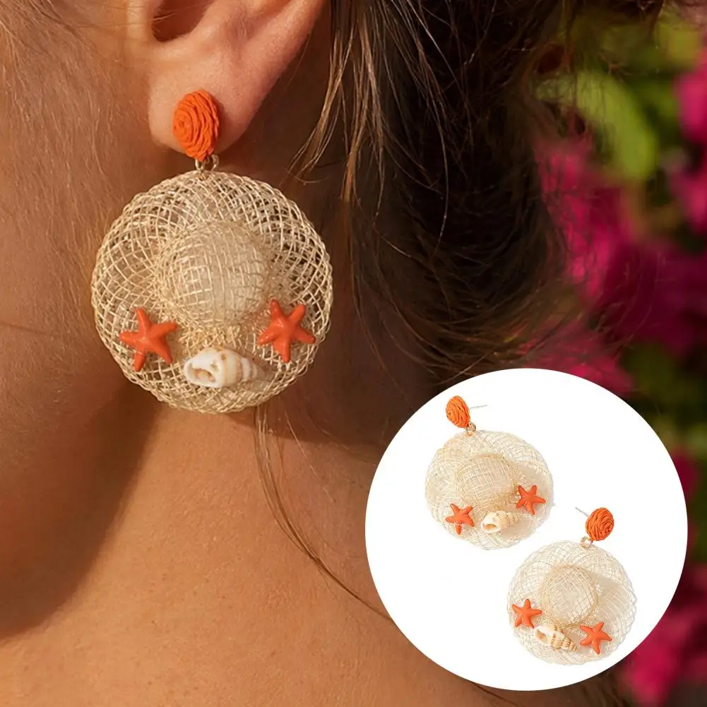 1 Pair Raffia Statement Earrings for Women, Woven Straw Hat Dangle Drop Earrings, Boho Shells Starfish Rattan Bohemian Earrings