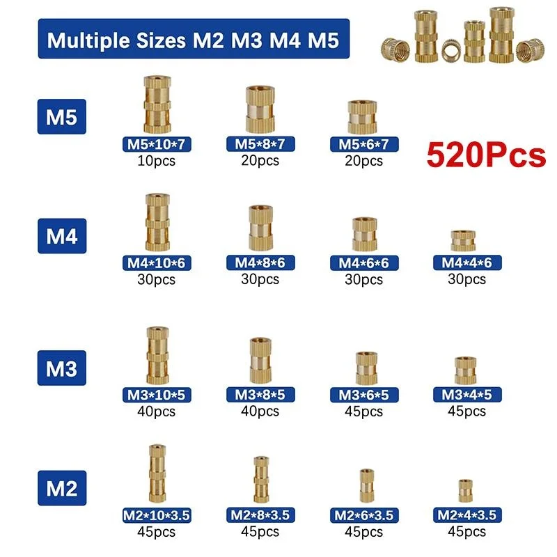 Knurled Head Set Insert Assortment Kit for 3D Printing Injection Molding, Brass Thread Inserts Nut, M2, M3, M4, M5, 520Pcs