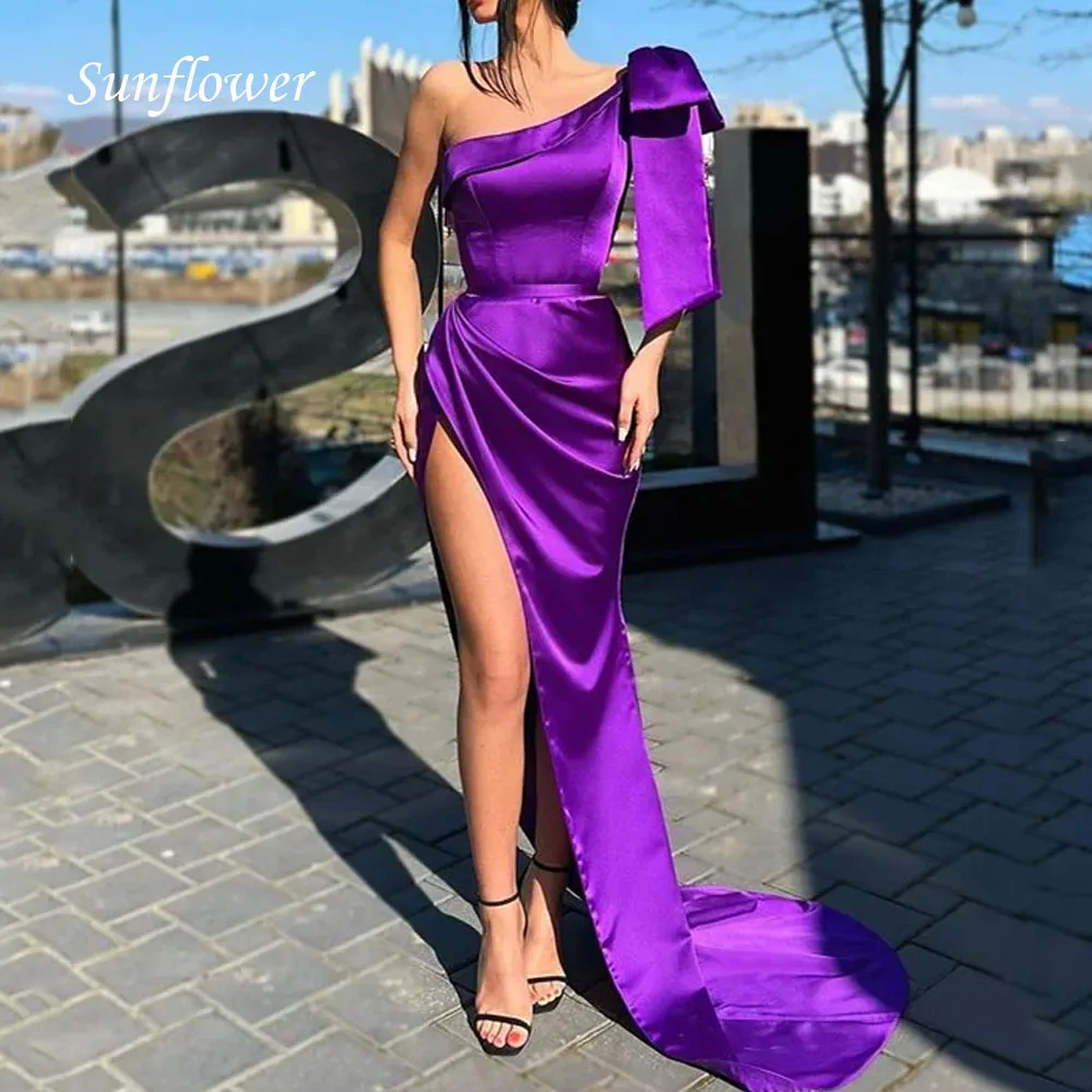 

Sunflower One-Shoulder Prom Gowns Mermaid Short Sleeve Evening Dress Slim Satin Floor-Length Party Dress 2023 High-end Custom