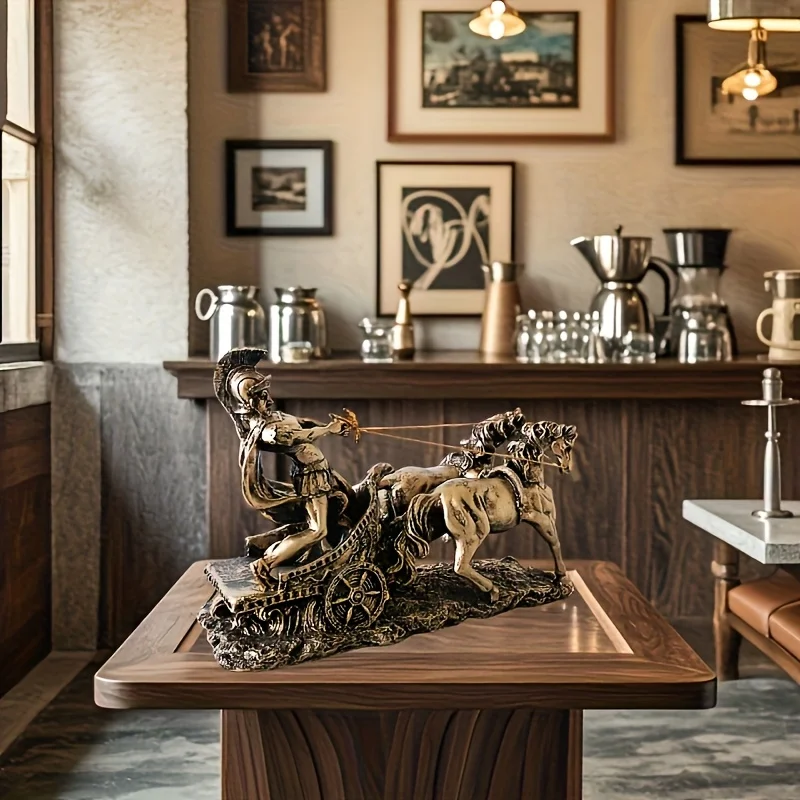 1 قطع خمر عربة رومانية النحت الذهبي الحصان والمحارب غرفة المعيشة مكتب ديكور المنزل الديكور الراتنج اليدوية