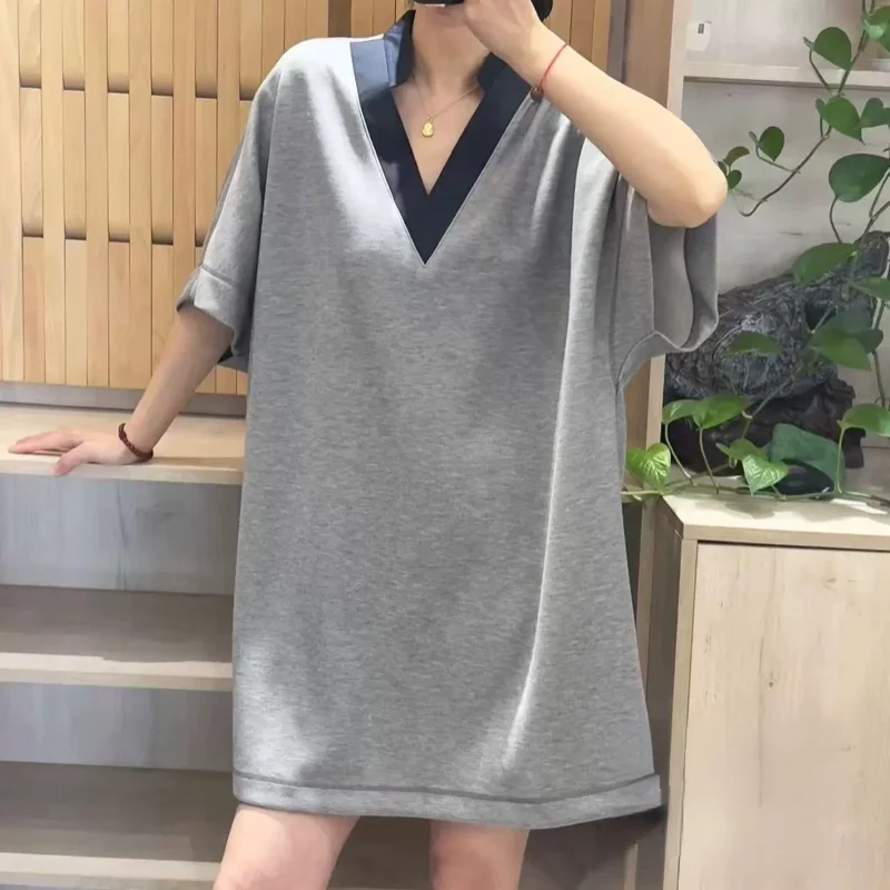 Vestido Casual E812 con Cuello en V y Manga Corta para Mujer, Nuevo Diseño Holgado de Longitud Midi, Estilo Línea A, Moda de Verano