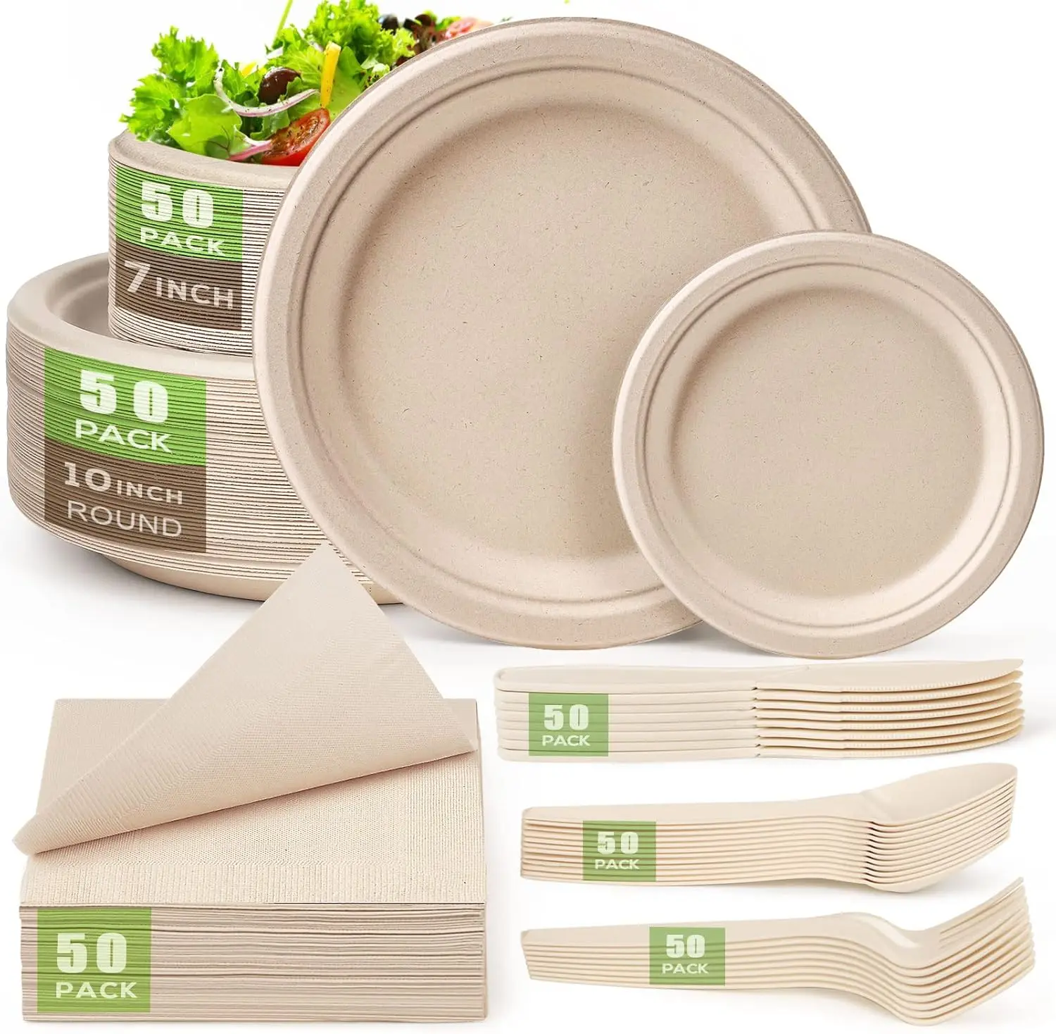

300-Piece Eco-Friendly Disposable Plates Set, 10-Inch Heavy-Duty Compostable Utensils and Napkins for Parties