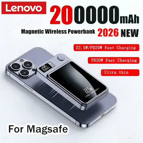 Lenovo 200000mAh Magnetic Power Bank Wireless Fast Charger For Magsafe Portable Auxiliary Battery Pack For iphone Samsung Xiaomi