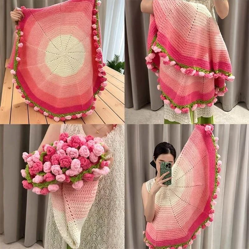 ローズグラデーションブランケット手編みdiy毛糸編み物材料キットブーケスタイル手作りかぎ針編みウール生地クラフトパック