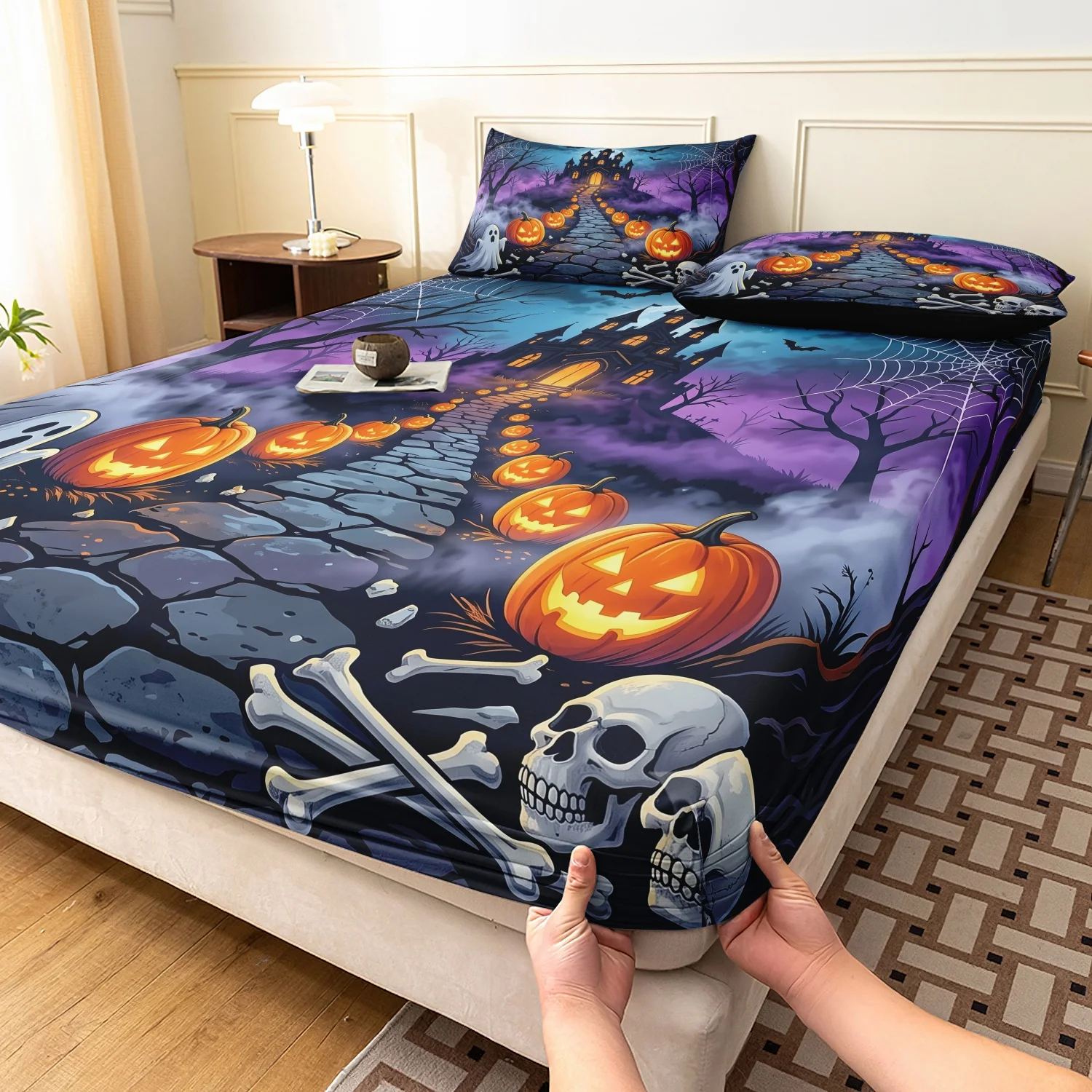  3 Pieces Halloween Holiday Print Fitted Sheet Set, Spooky Haunted Castle Ghost Pumpkin Skull Purple Night Print Bedding