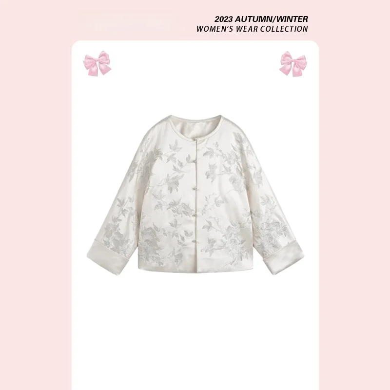 

Женская осенне-зимняя верхняя одежда из хлопка с тяжелой вышивкой в китайском стиле, модель Song Jin, круглый вырез, костюмный стиль